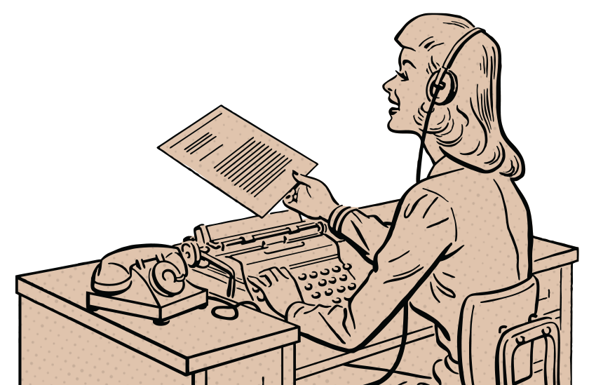 Woman at desk with typewriter, get assistance in writing grants